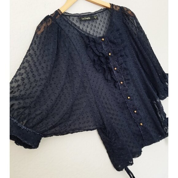 La Chapelle Navy Blue Sheer Chiffon Ruffle Batwing Blouse Top Romantic Coquette - Picture 4 of 15